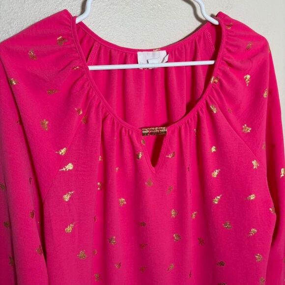 Fyve Blouse Women's Large Neon Pink V-Neck Keyhole Metallic 3/4 Sleeve Flare Top - Picture 2 of 9